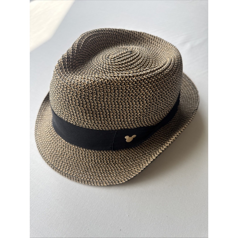 Disney Parks Mickey Mouse Woven Straw Fedora Hat Tan Black Adult Authentic